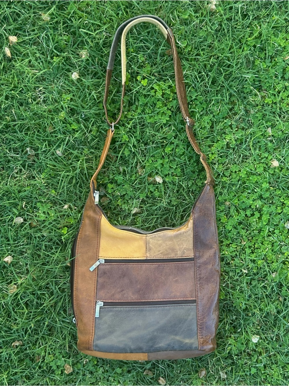 Vintage Patchwork Leather Shoulder Bag in Brown